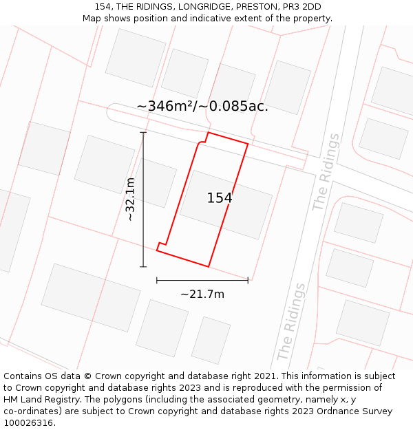 154, THE RIDINGS, LONGRIDGE, PRESTON, PR3 2DD: Plot and title map