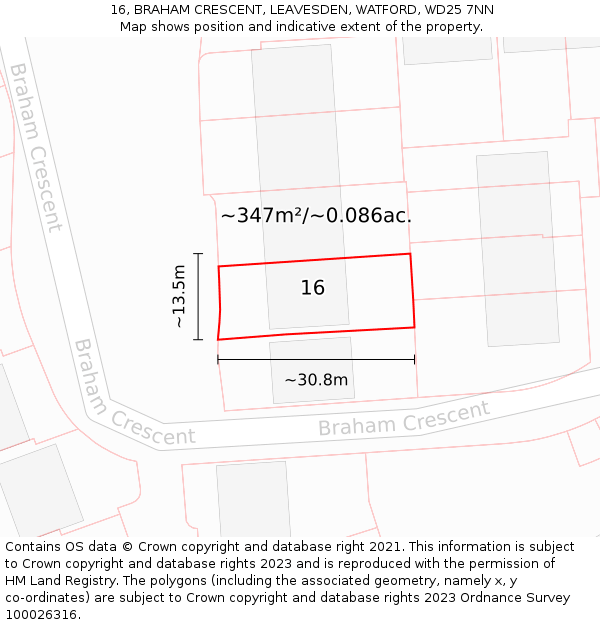 16, BRAHAM CRESCENT, LEAVESDEN, WATFORD, WD25 7NN: Plot and title map