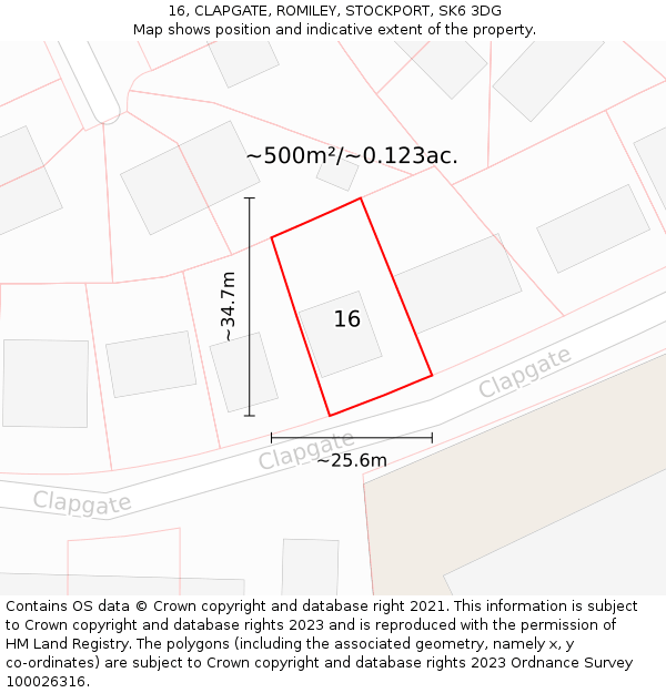 16, CLAPGATE, ROMILEY, STOCKPORT, SK6 3DG: Plot and title map
