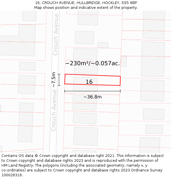 16, CROUCH AVENUE, HULLBRIDGE, HOCKLEY, SS5 6BP: Plot and title map
