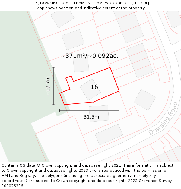 16, DOWSING ROAD, FRAMLINGHAM, WOODBRIDGE, IP13 9FJ: Plot and title map