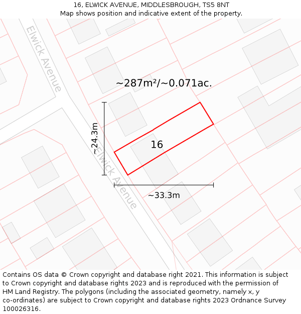 16, ELWICK AVENUE, MIDDLESBROUGH, TS5 8NT: Plot and title map