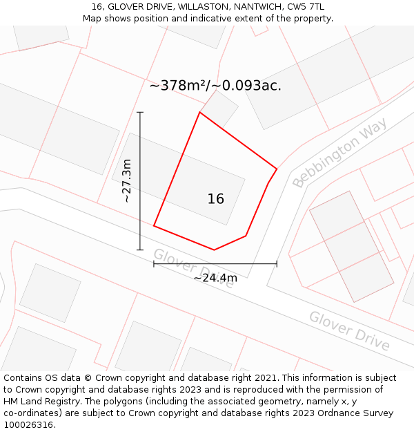 16, GLOVER DRIVE, WILLASTON, NANTWICH, CW5 7TL: Plot and title map