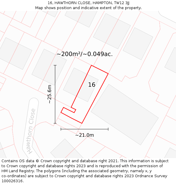 16, HAWTHORN CLOSE, HAMPTON, TW12 3JJ: Plot and title map