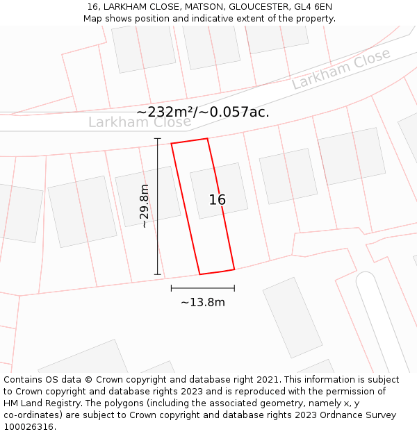 16, LARKHAM CLOSE, MATSON, GLOUCESTER, GL4 6EN: Plot and title map