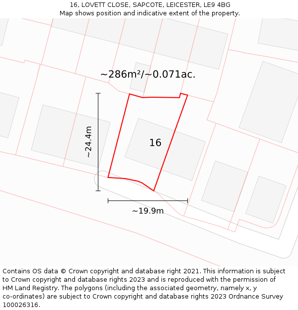 16, LOVETT CLOSE, SAPCOTE, LEICESTER, LE9 4BG: Plot and title map