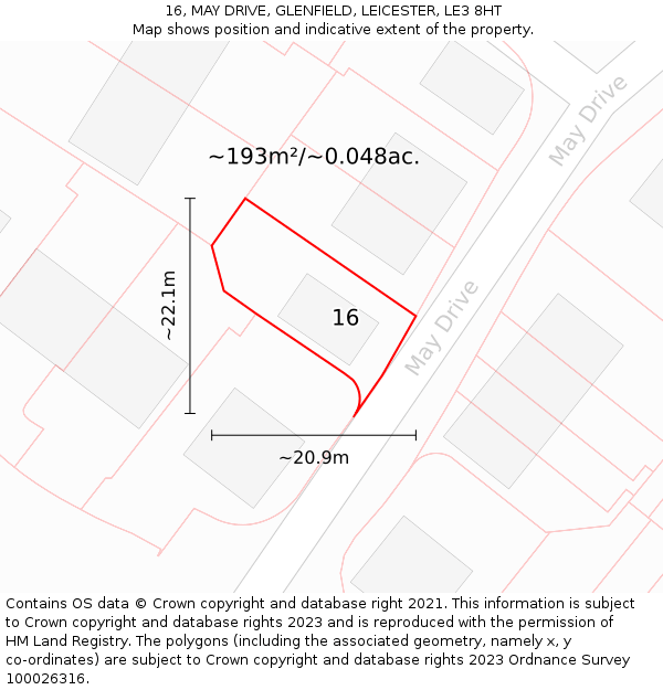 16, MAY DRIVE, GLENFIELD, LEICESTER, LE3 8HT: Plot and title map