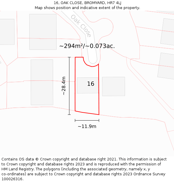 16, OAK CLOSE, BROMYARD, HR7 4LJ: Plot and title map