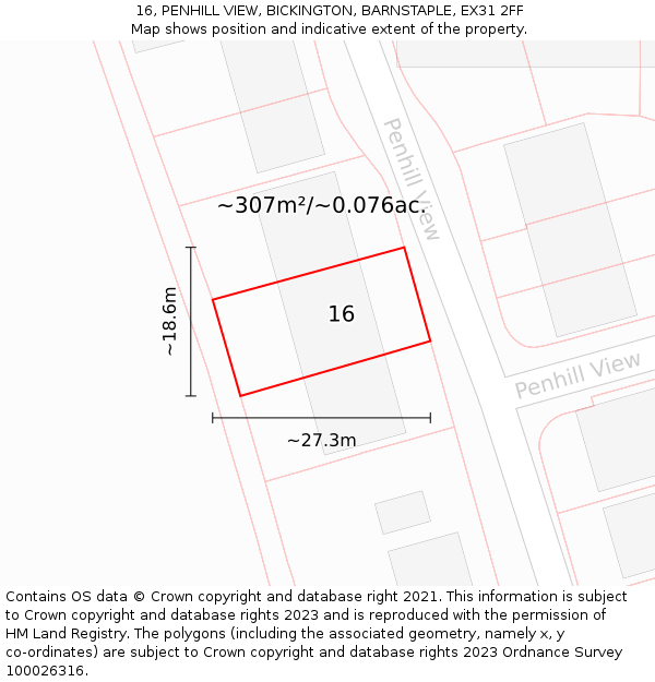 16, PENHILL VIEW, BICKINGTON, BARNSTAPLE, EX31 2FF: Plot and title map