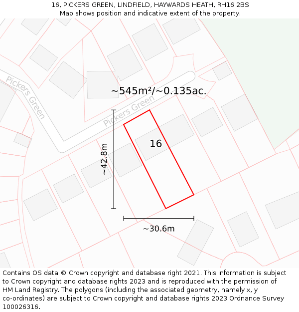 16, PICKERS GREEN, LINDFIELD, HAYWARDS HEATH, RH16 2BS: Plot and title map