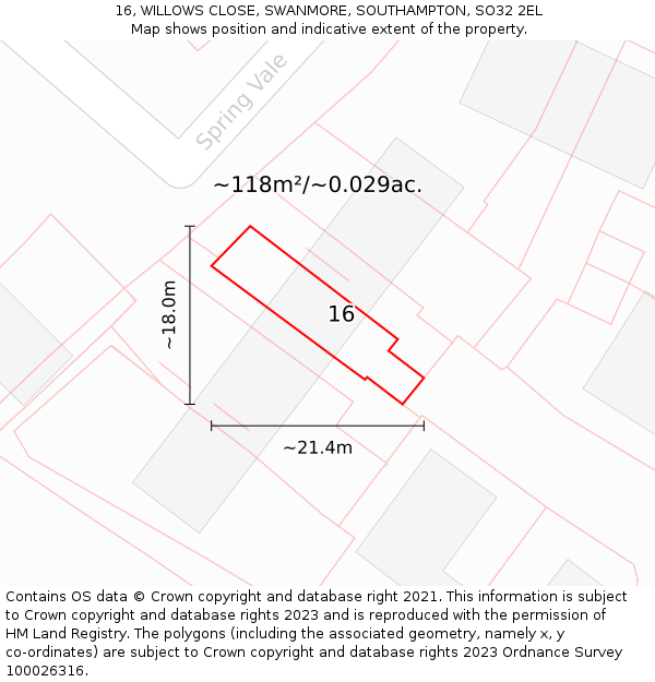 16, WILLOWS CLOSE, SWANMORE, SOUTHAMPTON, SO32 2EL: Plot and title map