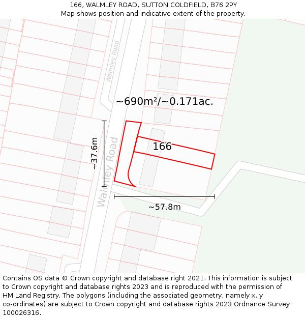 166, WALMLEY ROAD, SUTTON COLDFIELD, B76 2PY: Plot and title map