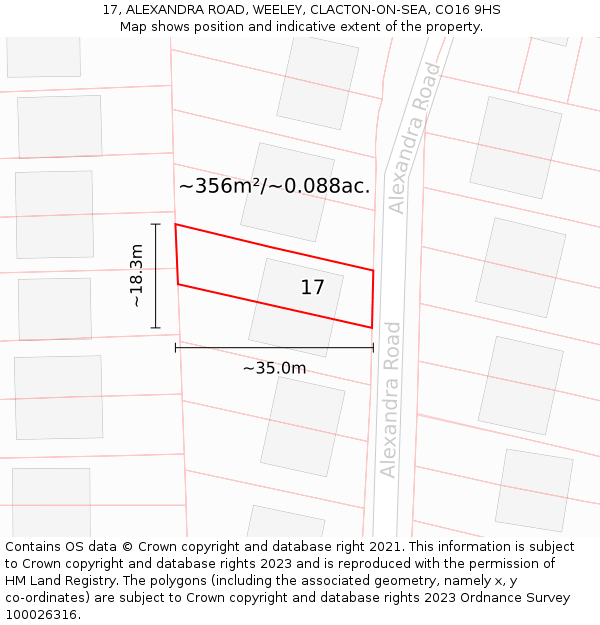 17, ALEXANDRA ROAD, WEELEY, CLACTON-ON-SEA, CO16 9HS: Plot and title map