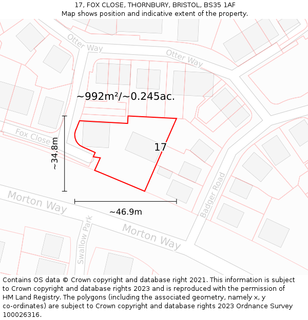 17, FOX CLOSE, THORNBURY, BRISTOL, BS35 1AF: Plot and title map