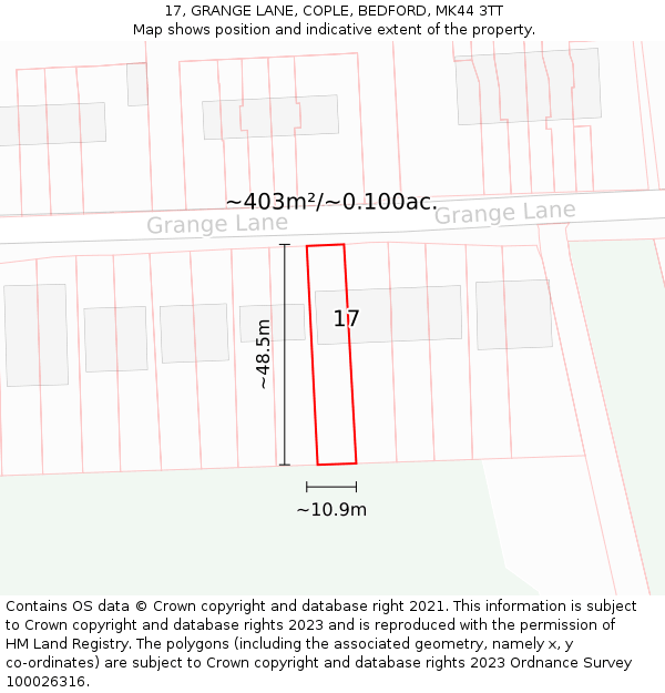 17, GRANGE LANE, COPLE, BEDFORD, MK44 3TT: Plot and title map