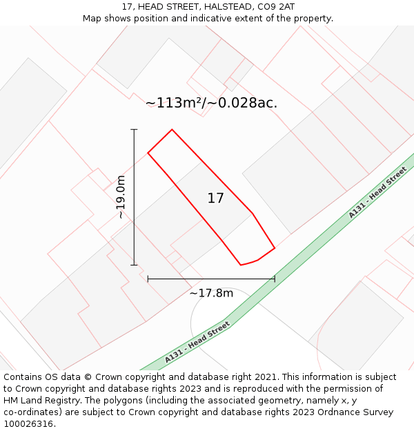 17, HEAD STREET, HALSTEAD, CO9 2AT: Plot and title map