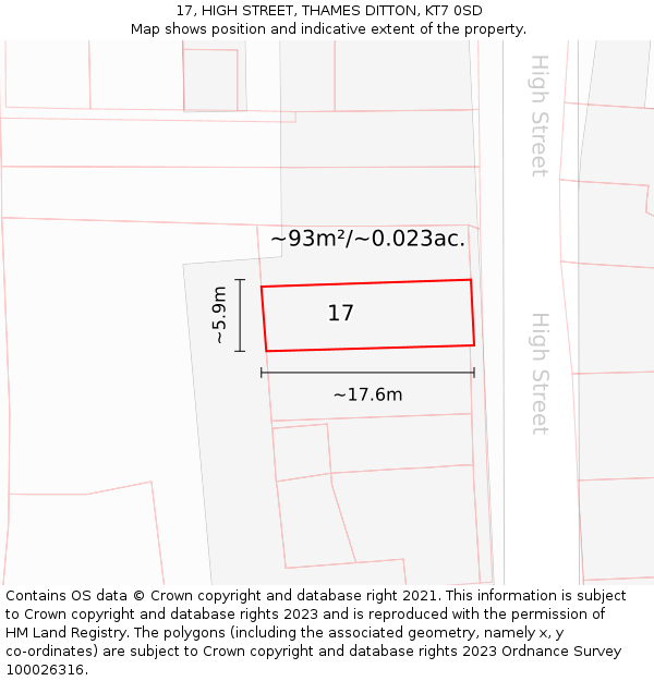 17, HIGH STREET, THAMES DITTON, KT7 0SD: Plot and title map