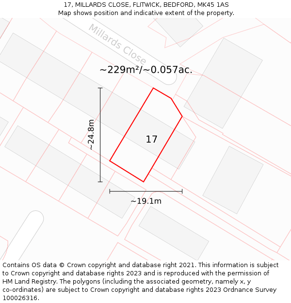 17, MILLARDS CLOSE, FLITWICK, BEDFORD, MK45 1AS: Plot and title map