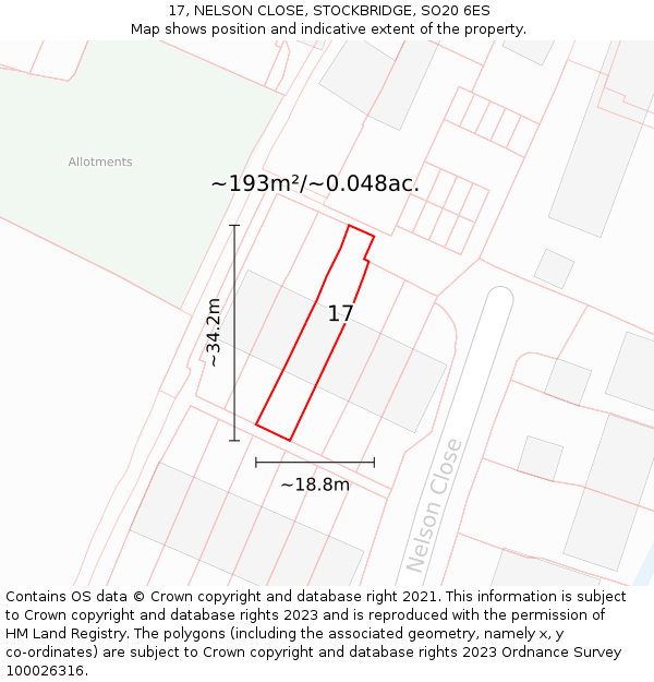 17, NELSON CLOSE, STOCKBRIDGE, SO20 6ES: Plot and title map