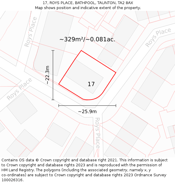 17, ROYS PLACE, BATHPOOL, TAUNTON, TA2 8AX: Plot and title map