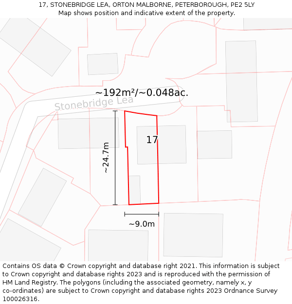 17, STONEBRIDGE LEA, ORTON MALBORNE, PETERBOROUGH, PE2 5LY: Plot and title map