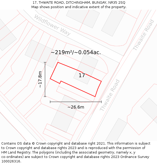 17, THWAITE ROAD, DITCHINGHAM, BUNGAY, NR35 2SQ: Plot and title map