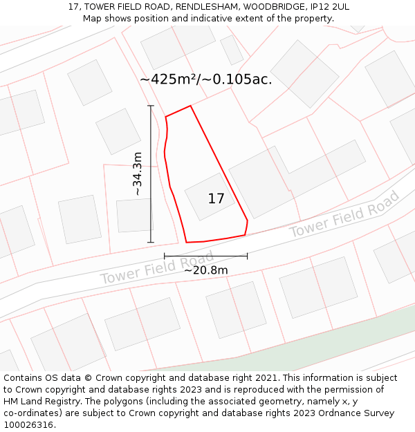 17, TOWER FIELD ROAD, RENDLESHAM, WOODBRIDGE, IP12 2UL: Plot and title map