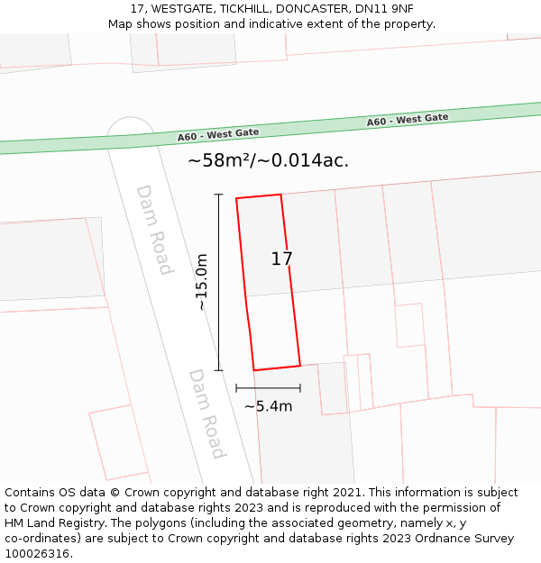 17, WESTGATE, TICKHILL, DONCASTER, DN11 9NF: Plot and title map