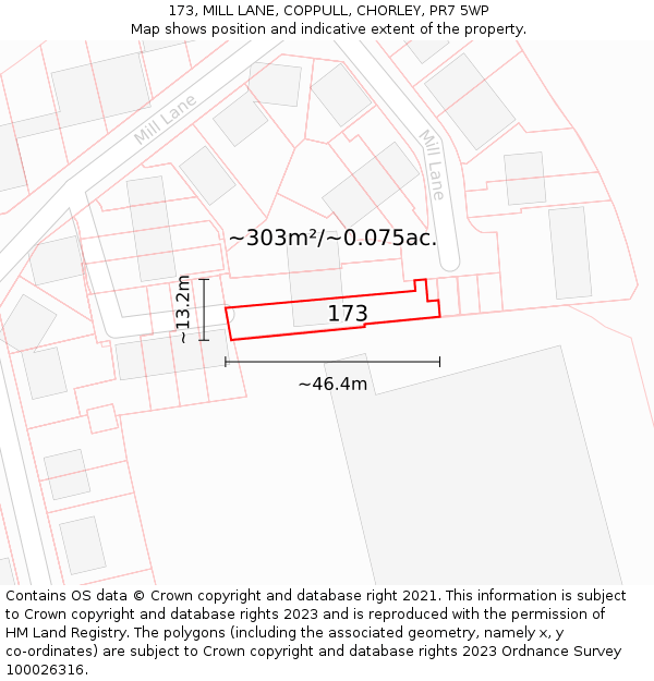 173, MILL LANE, COPPULL, CHORLEY, PR7 5WP: Plot and title map