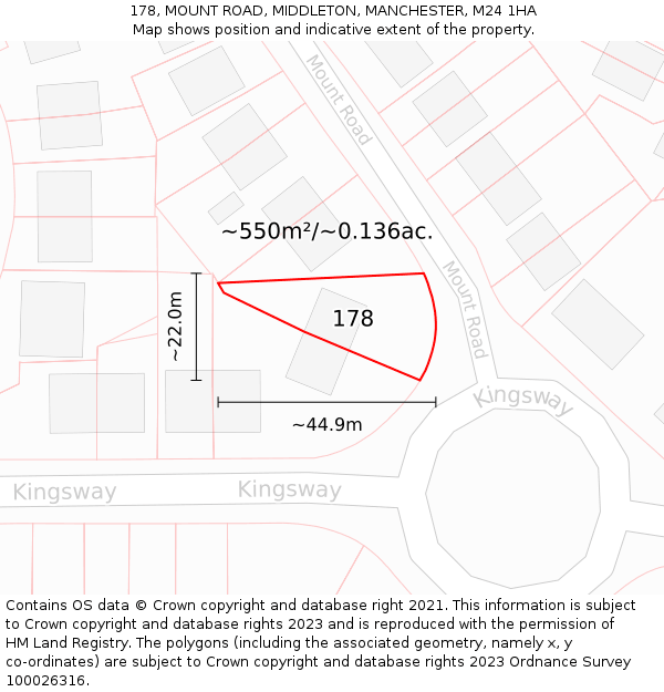 178, MOUNT ROAD, MIDDLETON, MANCHESTER, M24 1HA: Plot and title map
