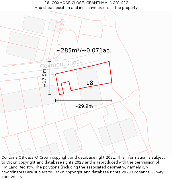 18, COXMOOR CLOSE, GRANTHAM, NG31 9FG: Plot and title map