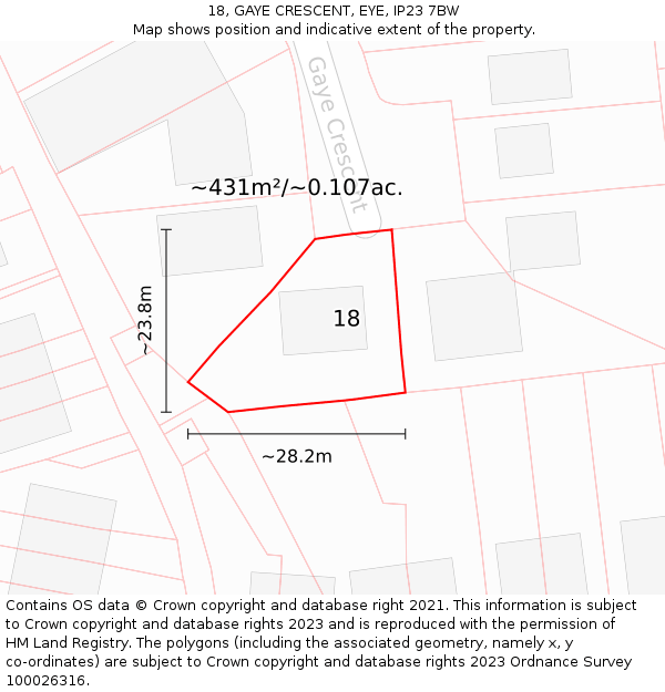18, GAYE CRESCENT, EYE, IP23 7BW: Plot and title map