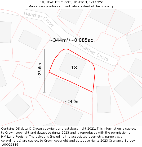 18, HEATHER CLOSE, HONITON, EX14 2YP: Plot and title map