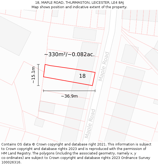 18, MAPLE ROAD, THURMASTON, LEICESTER, LE4 8AJ: Plot and title map