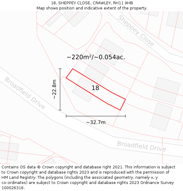 18, SHEPPEY CLOSE, CRAWLEY, RH11 9HB: Plot and title map