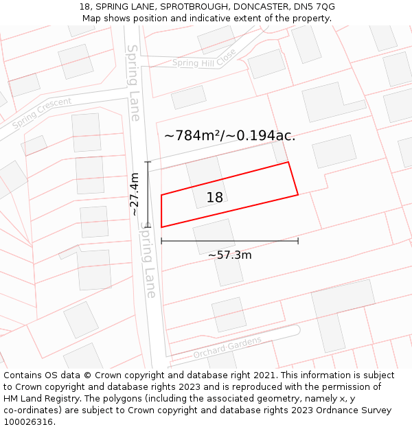 18, SPRING LANE, SPROTBROUGH, DONCASTER, DN5 7QG: Plot and title map