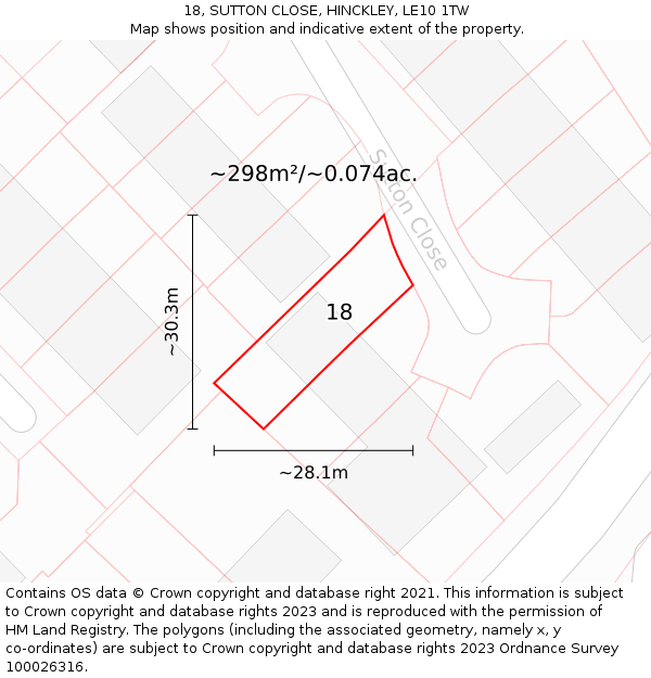 18, SUTTON CLOSE, HINCKLEY, LE10 1TW: Plot and title map