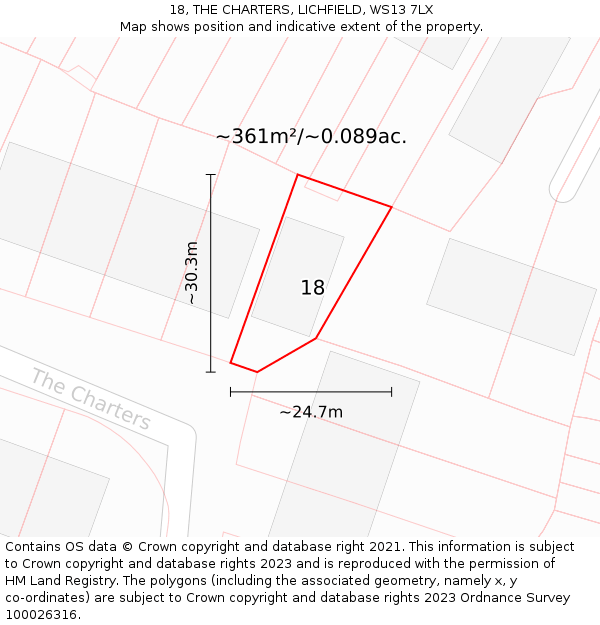 18, THE CHARTERS, LICHFIELD, WS13 7LX: Plot and title map