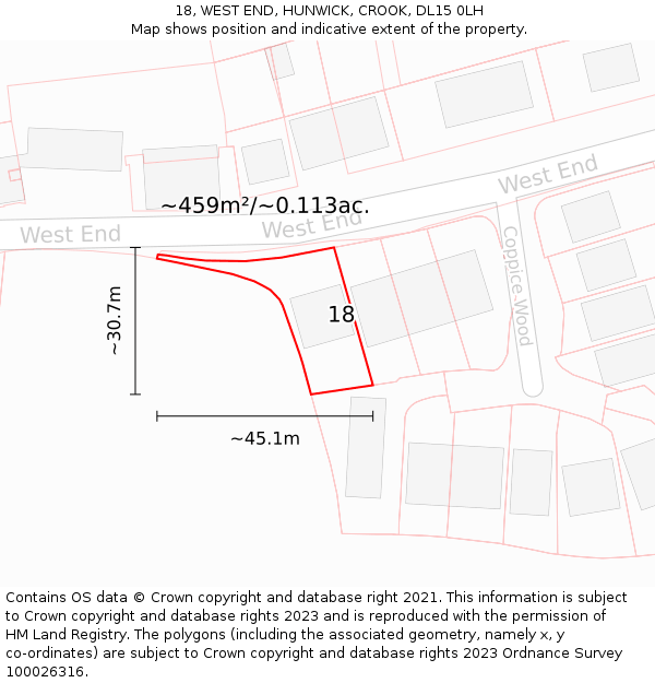 18, WEST END, HUNWICK, CROOK, DL15 0LH: Plot and title map