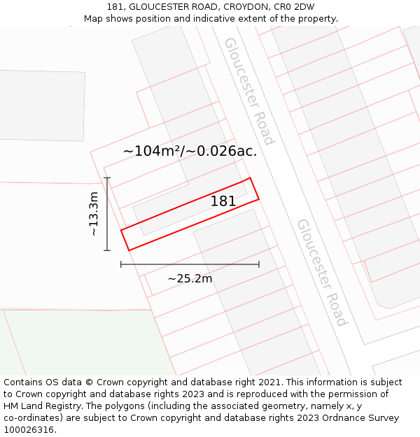 181, GLOUCESTER ROAD, CROYDON, CR0 2DW: Plot and title map