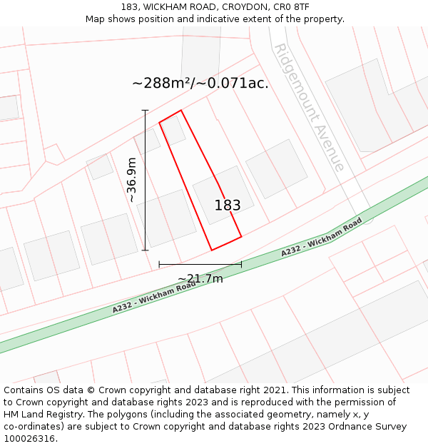 183, WICKHAM ROAD, CROYDON, CR0 8TF: Plot and title map