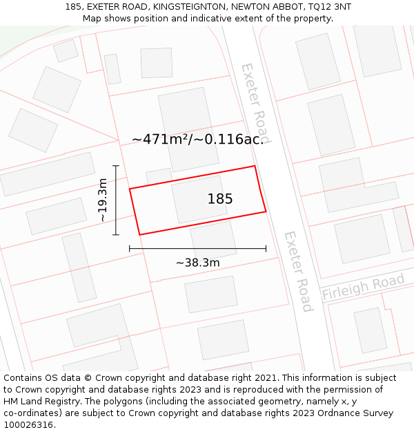 185, EXETER ROAD, KINGSTEIGNTON, NEWTON ABBOT, TQ12 3NT: Plot and title map