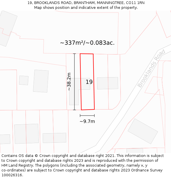 19, BROOKLANDS ROAD, BRANTHAM, MANNINGTREE, CO11 1RN: Plot and title map