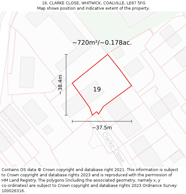 19, CLARKE CLOSE, WHITWICK, COALVILLE, LE67 5FG: Plot and title map