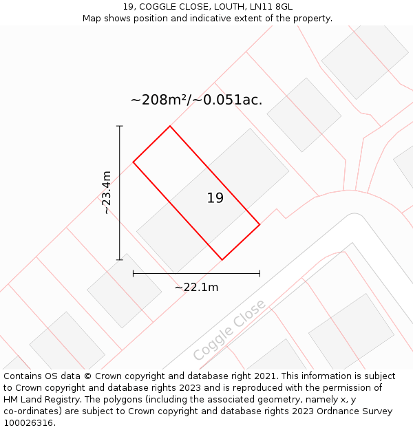 19, COGGLE CLOSE, LOUTH, LN11 8GL: Plot and title map