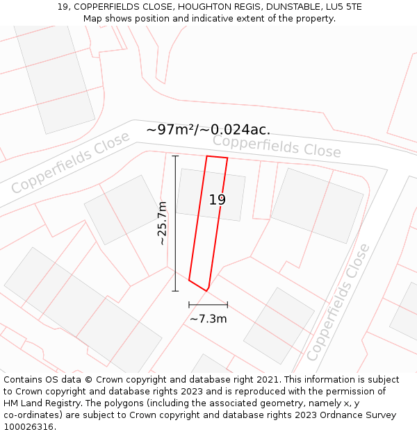 19, COPPERFIELDS CLOSE, HOUGHTON REGIS, DUNSTABLE, LU5 5TE: Plot and title map