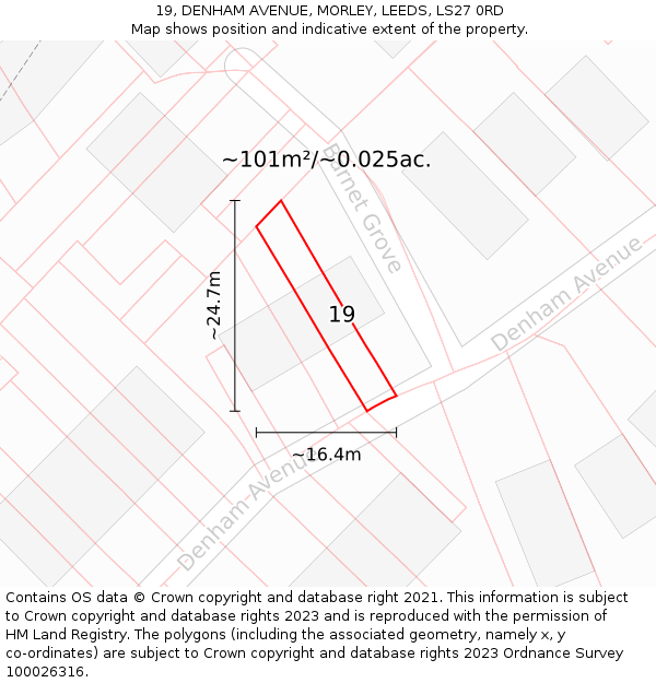 19, DENHAM AVENUE, MORLEY, LEEDS, LS27 0RD: Plot and title map