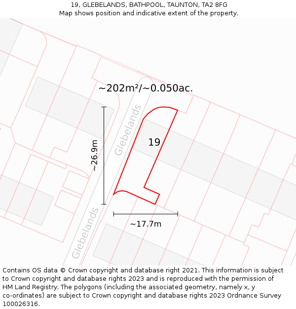 19, GLEBELANDS, BATHPOOL, TAUNTON, TA2 8FG: Plot and title map
