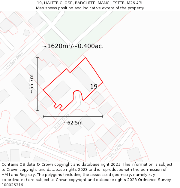 19, HALTER CLOSE, RADCLIFFE, MANCHESTER, M26 4BH: Plot and title map