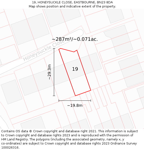 19, HONEYSUCKLE CLOSE, EASTBOURNE, BN23 8DA: Plot and title map